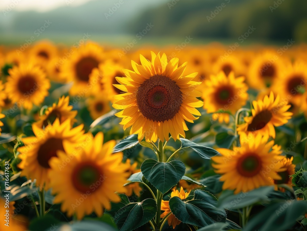 A vibrant sea of golden sunflowers sways under the warm summer sun, their bright petals reaching towards the clear blue sky as they release tiny particles of pollen into the air