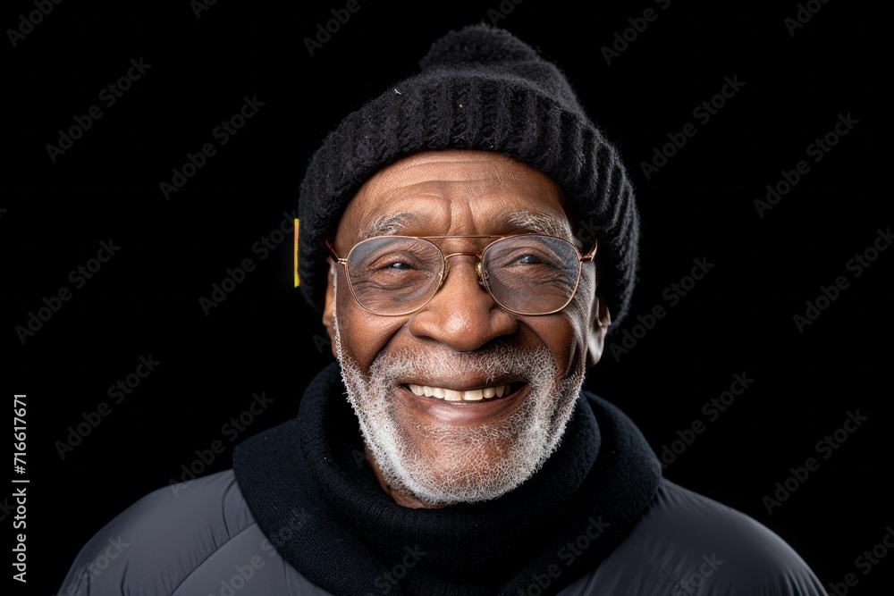 Portrait of a happy afro-american elderly man in his 90s dressed in a warm ski hat against a white background. AI Generation