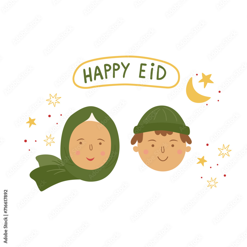 Fototapeta premium Cartoon Ramadan greeting people, woman and mane faces with text Happy Eid. Vector Islamic concept