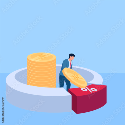people give coins for a share of profits, a metaphor for stock dividends. Simple flat conceptual illustration.