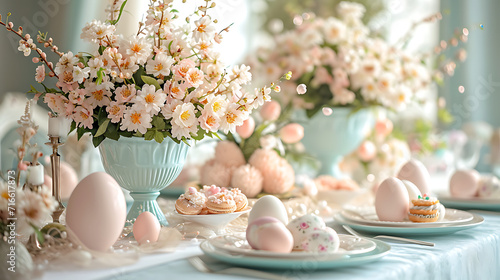 easter still life with eggs and flowers - Pastel Easter Table: A Captivating Display of Elegance and Festive Delights photo