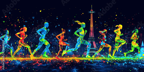 Journey to the Paris 2024 Olympics with a futuristic spectacle. Picture a luminous cityscape merging iconic Parisian landmarks the Eiffel Tower, Louvre with vivid depictions of diverse athletes in dyn © Дмитрий Симаков