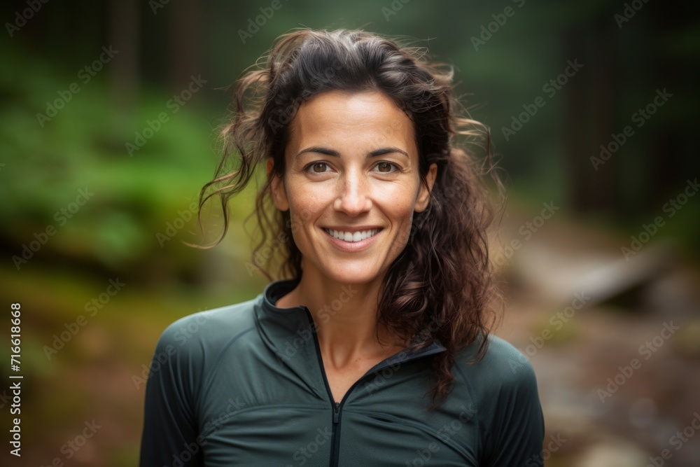 Portrait of a satisfied woman in her 30s sporting a breathable mesh jersey against a rustic wooden wall. AI Generation Portrait of a satisfied woman in her 30s sporting a breathable mesh jersey against a rustic wooden wall. AI Generation