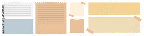 Torn paper sticky note collection. Post it note paper sheet set. Realistic sticky notes with adhesive tape. Old Notebook paper sheet vector.