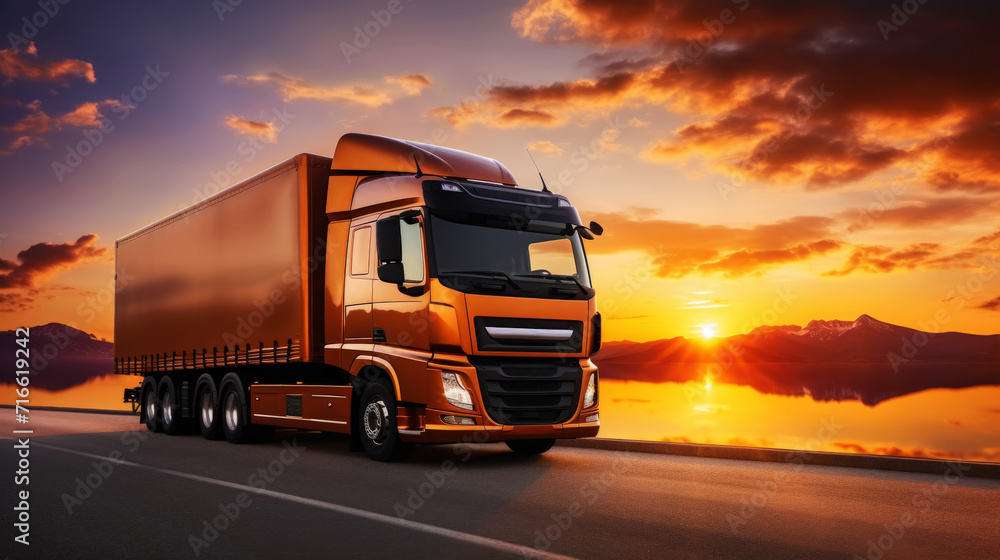 Truck on the asphalt road in rural landscape, sunset with dark clouds. Transport concept. Generative AI
