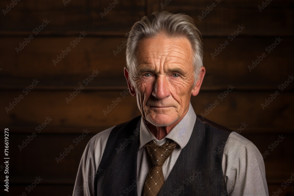 Portrait of a content man in his 80s dressed in a polished vest against a rustic wooden wall. AI Generation Portrait of a content man in his 80s dressed in a polished vest against a rustic wooden wall. AI Generation