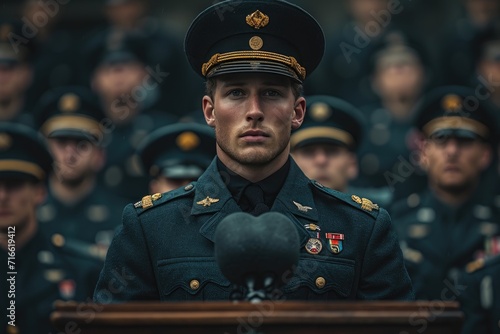 A stoic military officer in a crisp uniform stands proudly, his peaked cap and noncommissioned rank symbolizing his dedication to his country and service to a higher organization photo