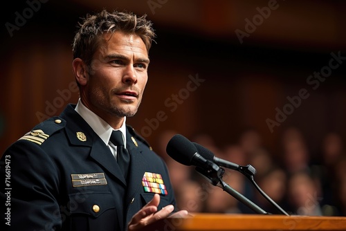 A stern man in a crisp military uniform, adorned with various ranks and medals, stands at a podium with a microphone, his authoritative voice filling the room as he delivers a powerful speech on beha photo