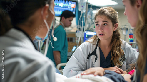 A compassionate medic comforting a young patient while a team of interns observes the empathetic bedside manner. The scene captures the human side of medicine and the importance of