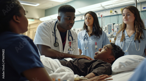 A compassionate medic comforting a young patient while a team of interns observes the empathetic bedside manner. The scene captures the human side of medicine and the importance of