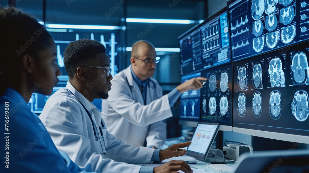 A doctor and a team of interns reviewing medical images and diagnostic ...
