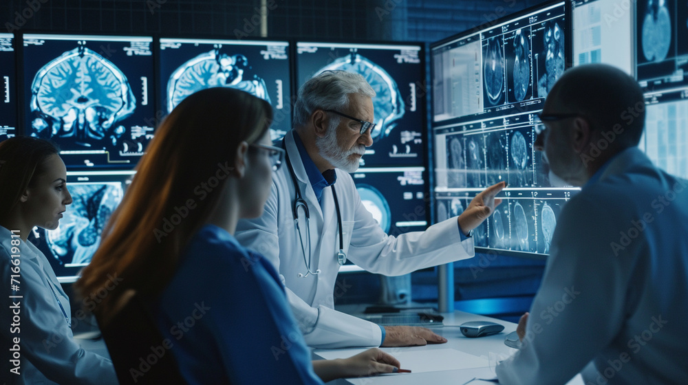 Obraz premium A doctor and a team of interns reviewing medical images and diagnostic reports on a digital screen. The technological aspect of modern medicine and collaborative analysis are empha