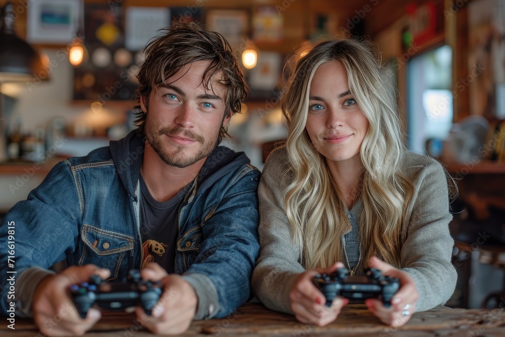 Fototapeta premium A couple bonded over their shared love of gaming as they sat at a table, their faces beaming with joy while holding game controllers