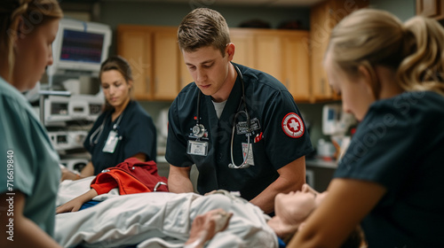 A dynamic shot of a medic conducting a medical simulation exercise with interns, creating a lifelike scenario to enhance their practical skills and decision-making abilities.