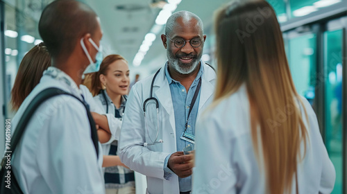 A doctor providing guidance to interns in a busy hospital corridor, emphasizing the importance of effective communication and leadership in healthcare settings.