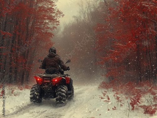 A daring rider navigates through a snowy forest on their powerful quad bike, leaving a trail of tire tracks in the pristine snow while a thick fog adds an element of mystery to their journey
