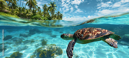 sea turtle swimming in the sea - a turtle swimming and swimming under the ocean, in the style of tropical photo