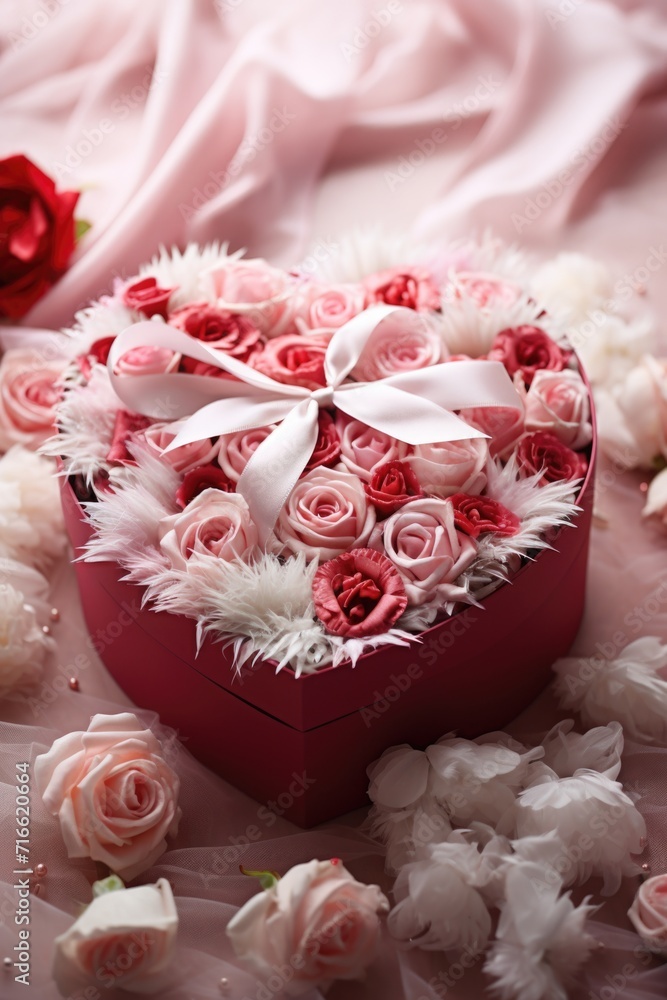 Thoughtful Valentine's Gift Box: Red Box with Pink Paper Flowers - Valentine's Day Concept Thoughtful Valentine's Gift Box: Red Box with Pink Paper Flowers - Valentine's Day Concept