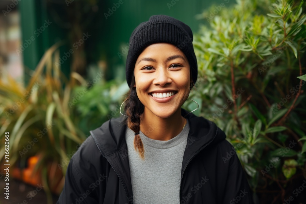 Portrait of a smiling asian woman in her 30s sporting a trendy beanie against a lush green garden. AI Generation Portrait of a smiling asian woman in her 30s sporting a trendy beanie against a lush green garden. AI Generation