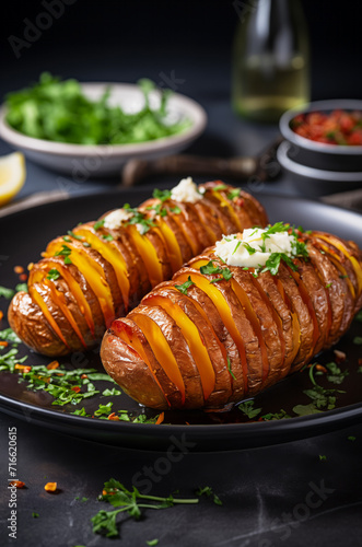 Crispy Hasselback sweet potatoes seasoned with herbs and crumbled cheese on a plate. Vertical, close-up, side view. 