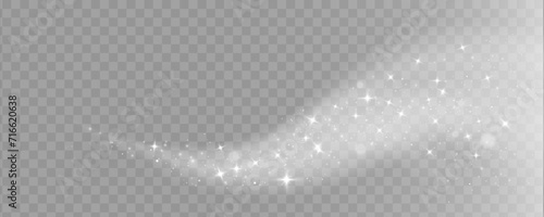 Overlay magic effect glowing traces of sparkle dust star waves. Stardust white sparks from an explosion on transparent background. Magic burst of energy rays. Banner for design. Vector illustration.