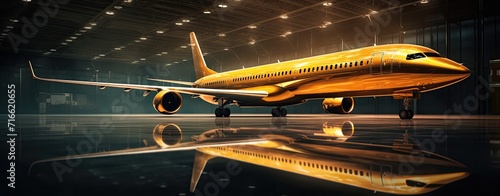 A massive aircraft housed in an aircraft maintenance hangar for inspection and repairs.