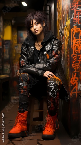 A fashionable Japanese girl in a leather jacket, ripped jeans, and ankle boots leans against a solid black background with graffiti art depicting cityscapes and inspirational quotes