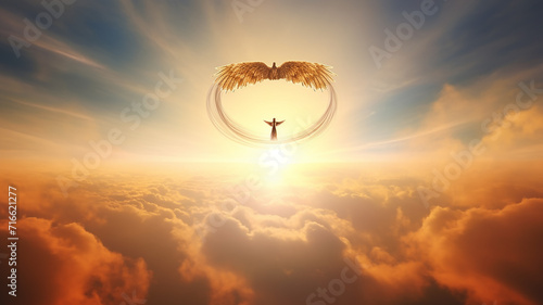 in heaven  an angel with wings and a halo on the background of sunset skies with clouds  in paradise  the creation of the world is God