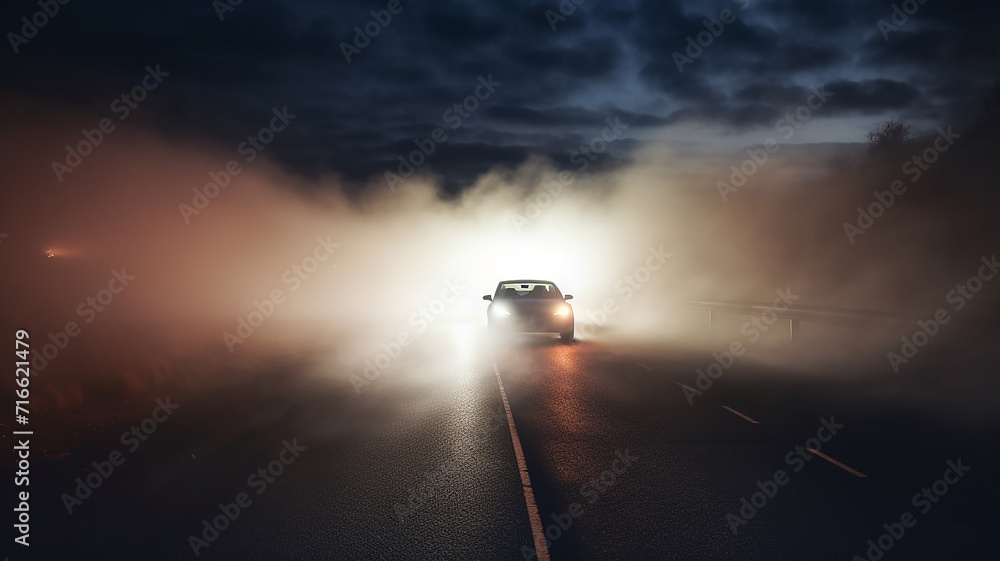 Fototapeta premium autumn fog on a wet night road in the headlights of a car, autumn dangerous driving weather, fog in the light of a car