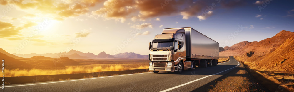 Panoramic view on large truck on a highway road through the countryside in a beautiful sunrise. Generative AI