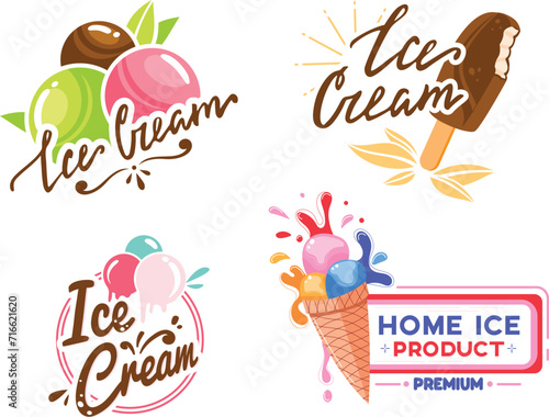 Four colorful ice cream logos with fun typography and dynamic shapes. Playful designs for ice cream brand identity. Attractive dessert branding for summer treats vector illustration. photo