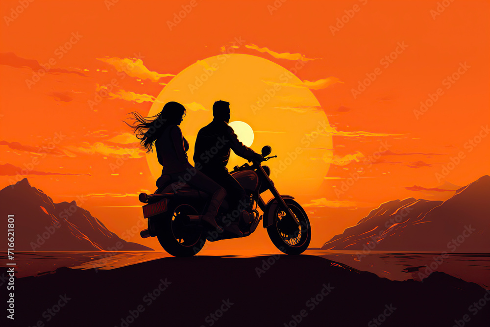 Two silhouetted figures on a motorcycle against a vibrant sunset, surrounded by mountains and water, creating a serene atmosphere, ai generative