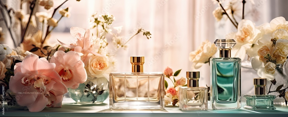 A modern and stylish arrangement showcasing a bottle of luxury perfume on a table, accompanied by luscious peaches.