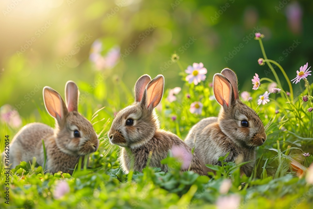 Three rabbits in a spring meadow with pink flowers. Easter celebration concept. Spring flowers beauty. Wildlife scene. Design for banner, poster, invitation with copy space Three rabbits in a spring meadow with pink flowers. Easter celebration concept. Spring flowers beauty. Wildlife scene. Design for banner, poster, invitation with copy space