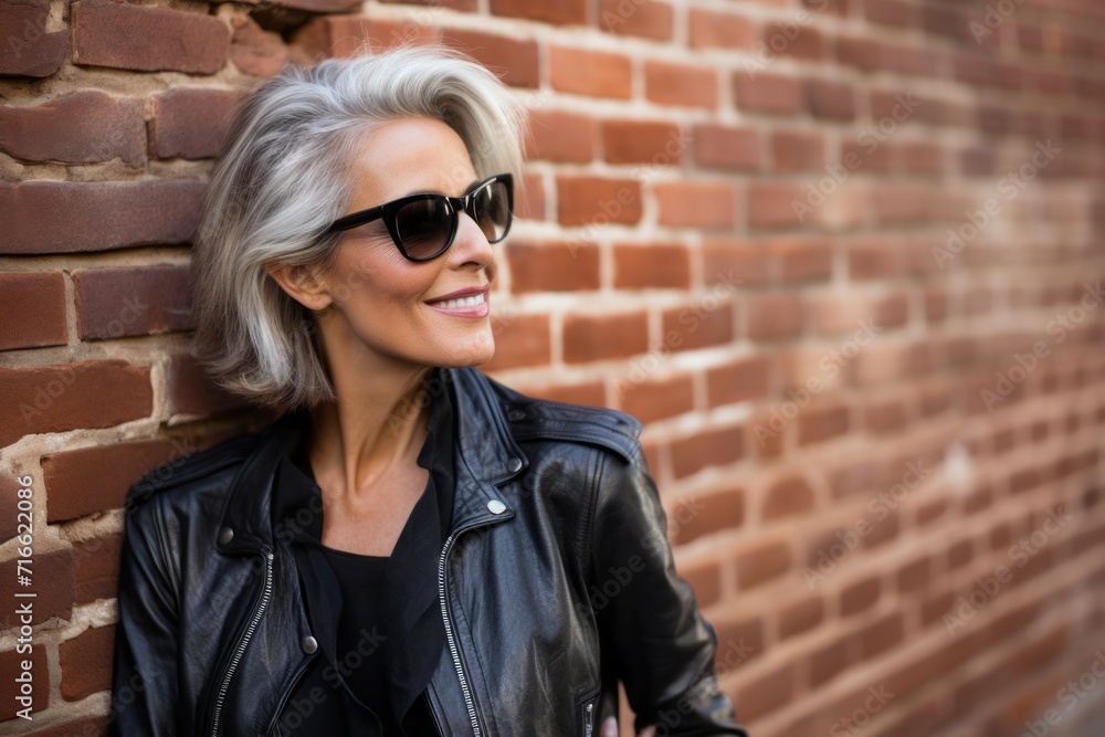 Portrait of a satisfied woman in her 50s wearing a trendy sunglasses against a vintage brick wall. AI Generation Portrait of a satisfied woman in her 50s wearing a trendy sunglasses against a vintage brick wall. AI Generation