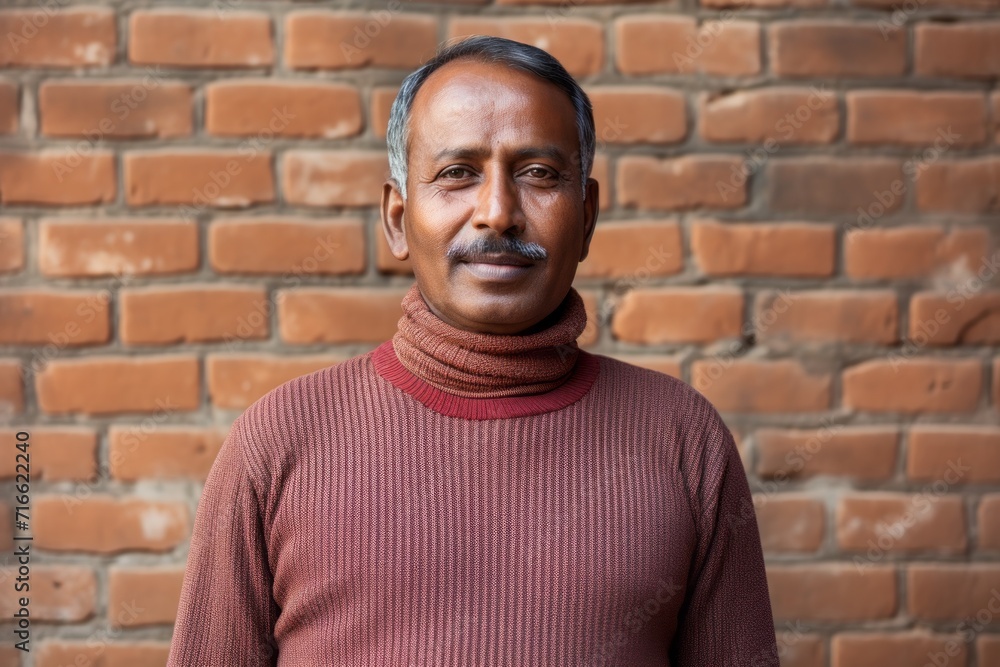 Portrait of a merry indian man in his 50s showing off a lightweight base layer against a vintage brick wall. AI Generation Portrait of a merry indian man in his 50s showing off a lightweight base layer against a vintage brick wall. AI Generation