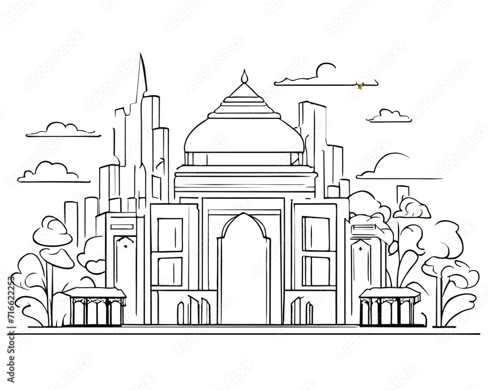 line style mosque illustration, design element for greeting card, poster, islamic banner. ai generative design