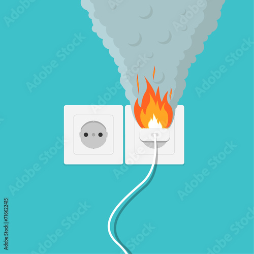 Fire in the socket. Short circuit in the socket. The concept of electrical safety. Electrical overload. Charger fire. Vector illustration.