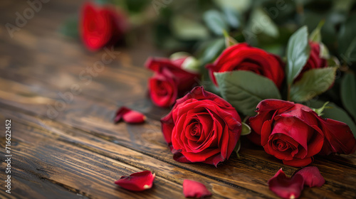 romantic red roses on wooden background, Valentine's Day Concept