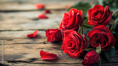 romantic red roses on wooden background, Valentine's Day Concept