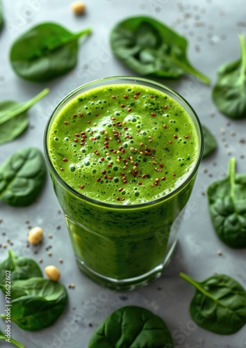 Fresh green smoothie next to raw spinach leaves on a white surface, concept of detox and clean eating