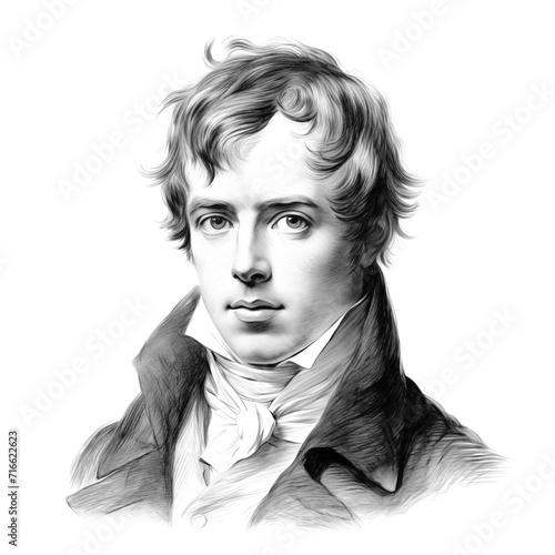 Black and white vintage engraving, close-up headshot portrait of Joseph Mallord William Turner, the famous historical English Romantic painter, printmaker, white background, greyscale photo