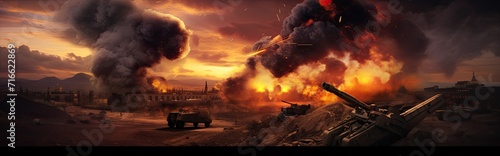 The intense war zone of the modern era engulfed in fierce battles, marked by frequent bomb explosions.