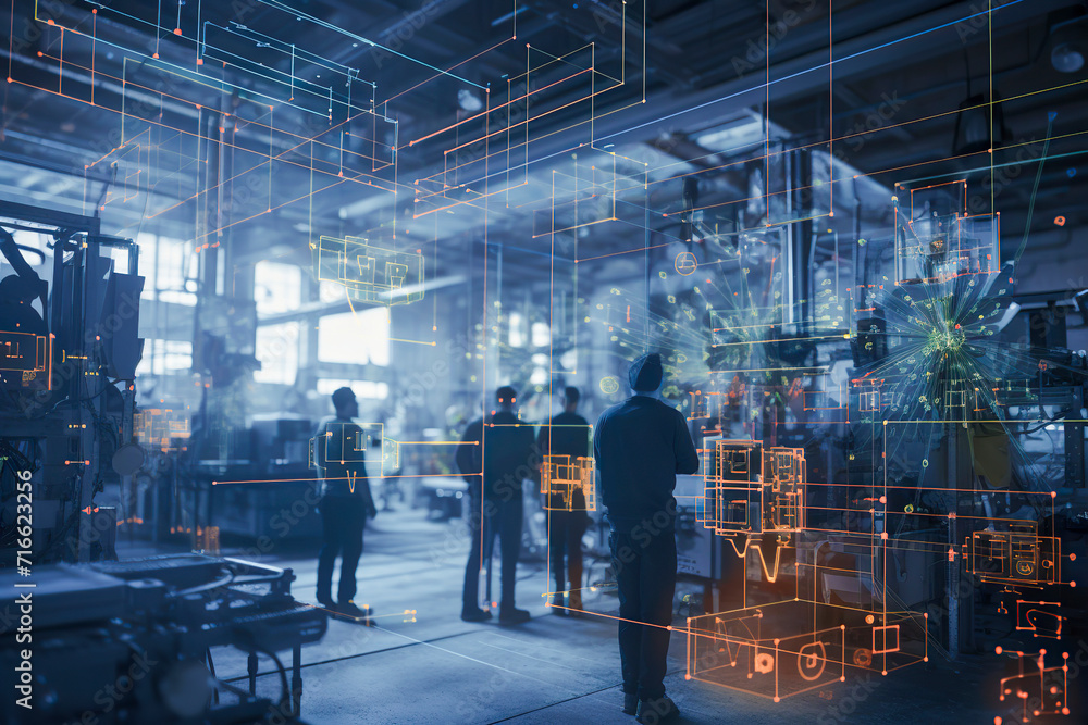 busy industrial setting with workers and complex digital interfaces ...