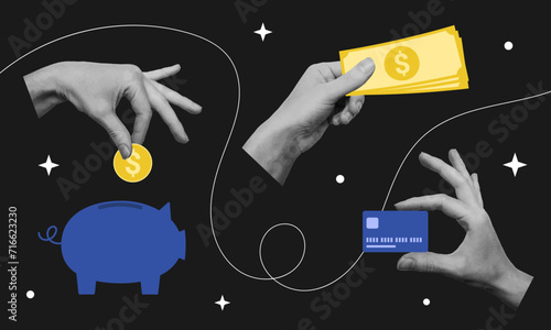 Collage banner with cut out hands holding coin, money banknote, credit card. Financial planning concept