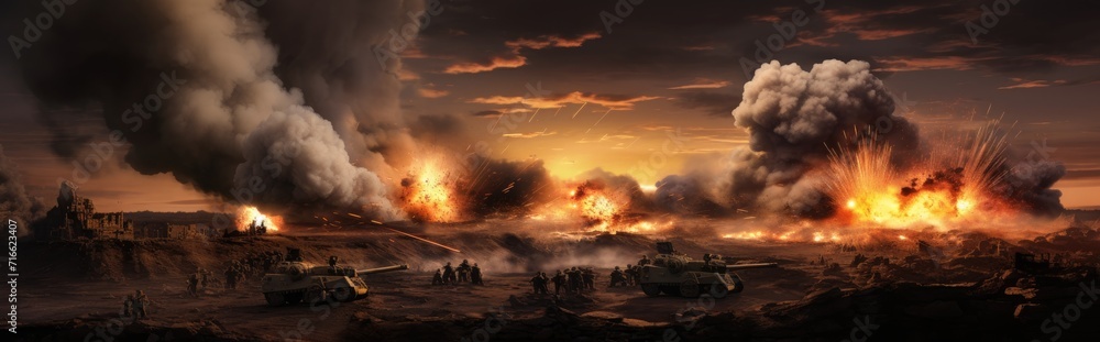 A portrayal of the modern war theater characterized by relentless battles, accentuated by the eruption of bomb explosions.