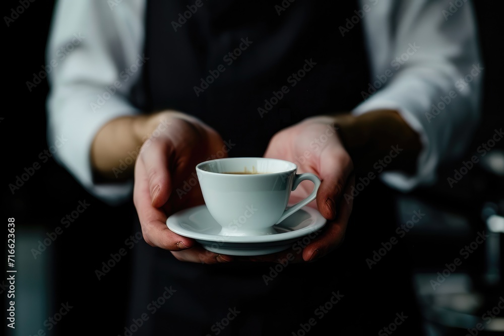 A barista in a green apron presents a freshly brewed cup of cappuccino with skillfully poured latte art on top, signifying a welcoming gesture of hospitality and expertise in coffee crafting. AI A barista in a green apron presents a freshly brewed cup of cappuccino with skillfully poured latte art on top, signifying a welcoming gesture of hospitality and expertise in coffee crafting. AI