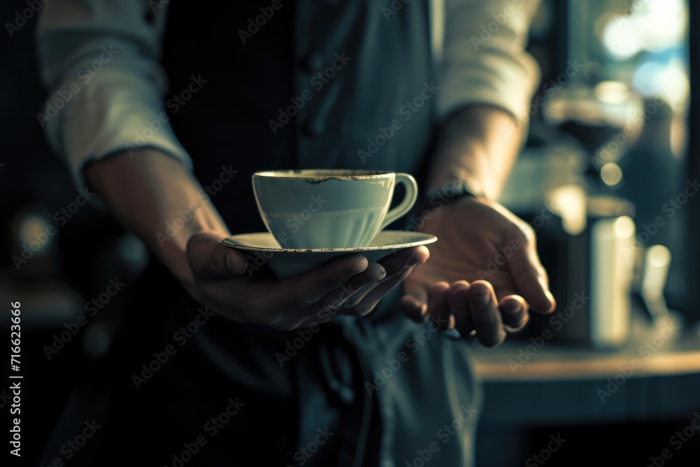 A barista in a green apron presents a freshly brewed cup of cappuccino with skillfully poured latte art on top, signifying a welcoming gesture of hospitality and expertise in coffee crafting. AI 