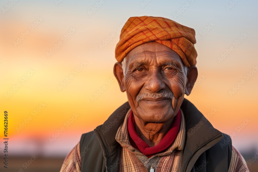 Portrait of a cheerful indian elderly man in his 90s wearing a zip-up fleece hoodie against a vibrant sunset horizon. AI Generation Portrait of a cheerful indian elderly man in his 90s wearing a zip-up fleece hoodie against a vibrant sunset horizon. AI Generation