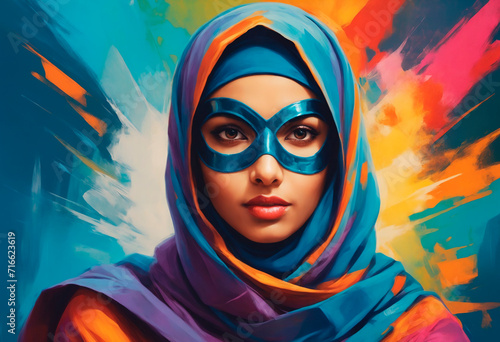 A beautiful Muslim woman superhero in a mask and a super hero costume photo